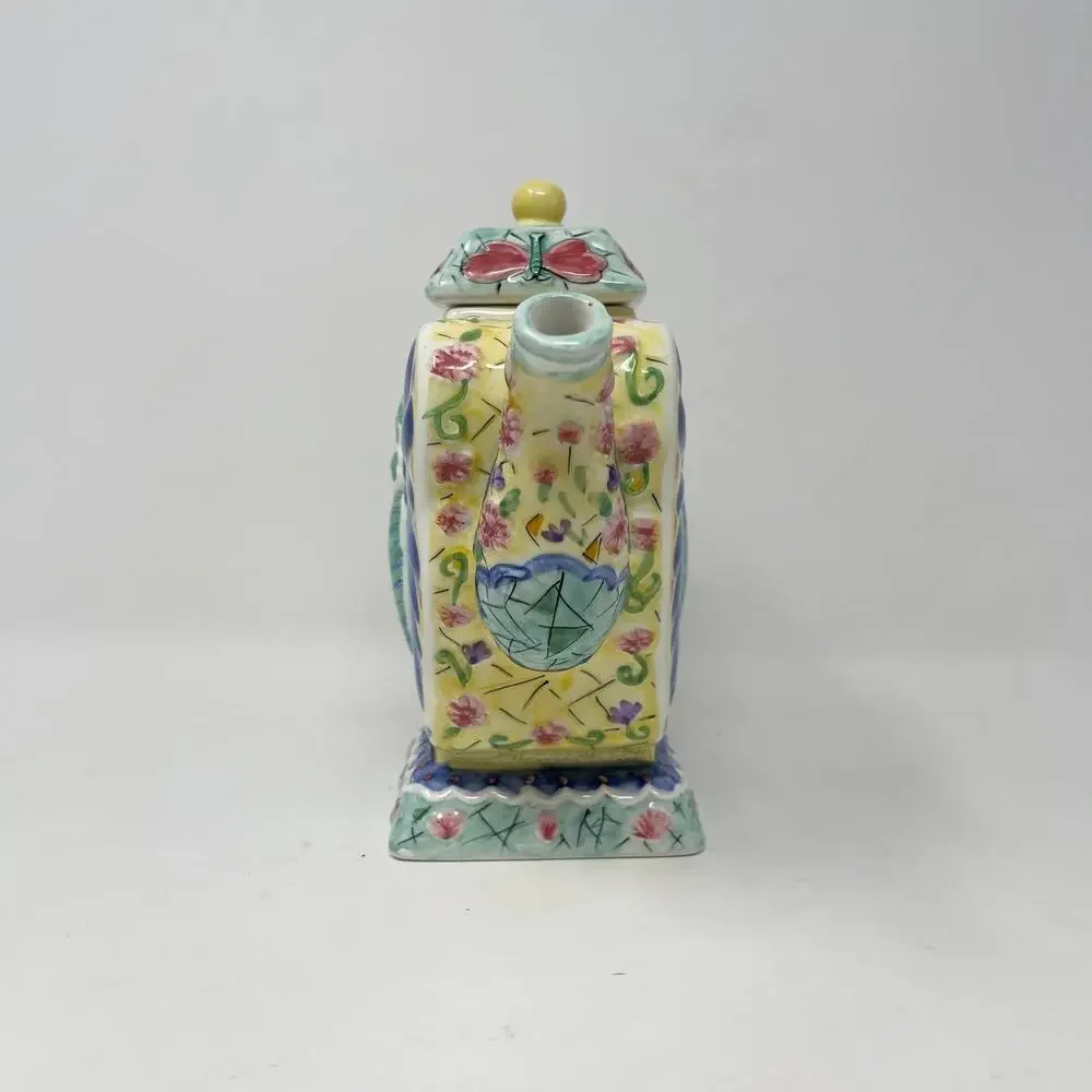 VTG Butterfly‎ Decorative Teapot Yellow Green Blue Hand Painted Ceramic